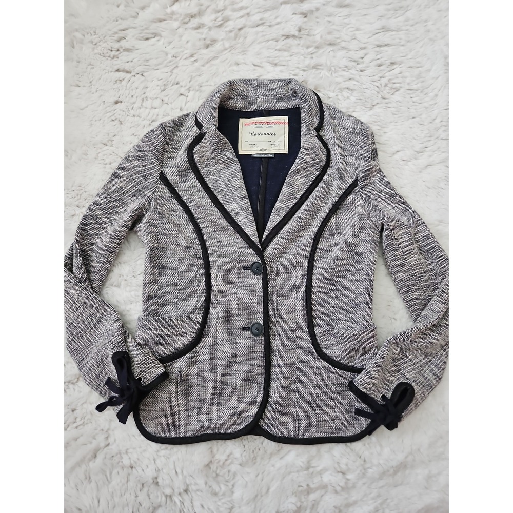 Anthropologie‎ Cartonnier Beckett Marled Knit Piped Blazer Jacket Grey Navy XS